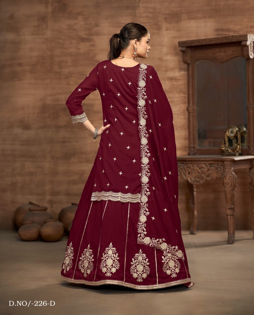 226-Maroon - Maroon Embroidered Traditional Sharara Style Suit.